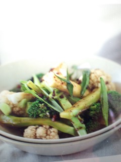 Broccoli and cauliflower stems with sticky pepper sauce